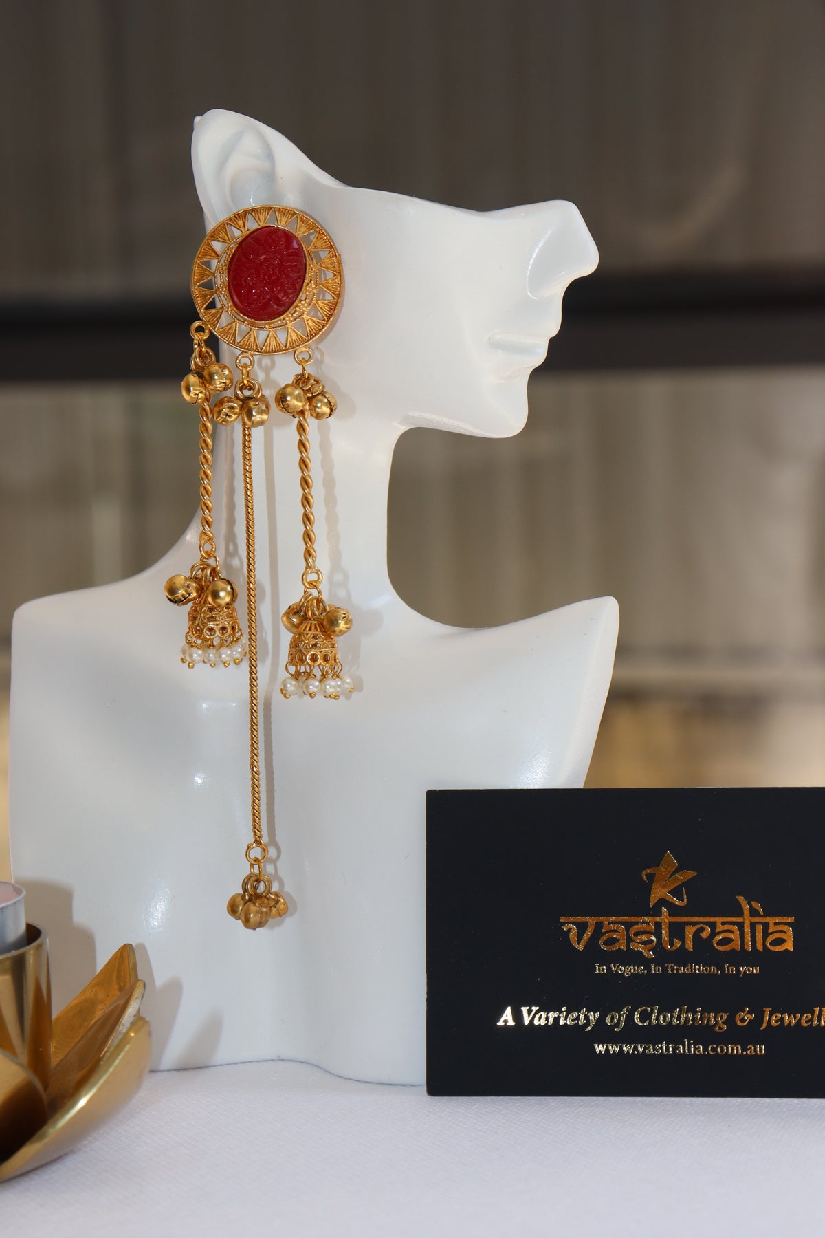 Carved Stone Sunburst Twin Jhumka Chain Earrings