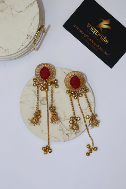 Carved Stone Sunburst Twin Jhumka Chain Earrings