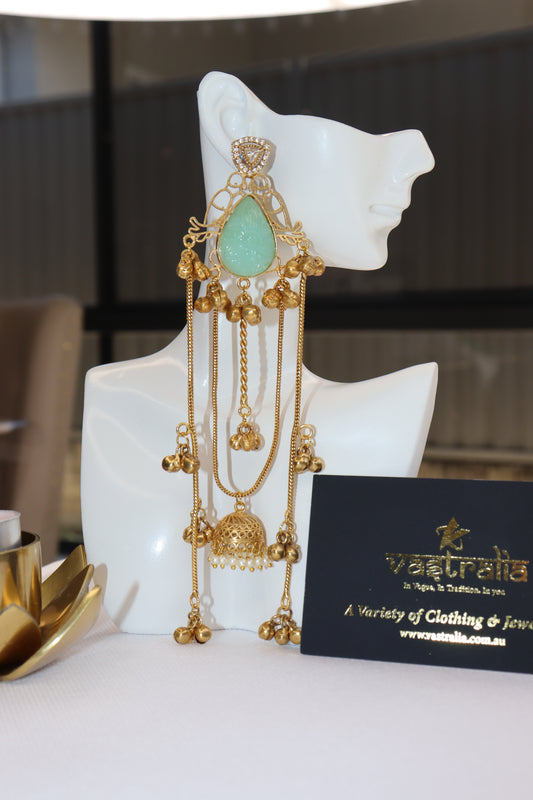 Mayura Teardrop Carved Stone Jhumka Chain Earrings
