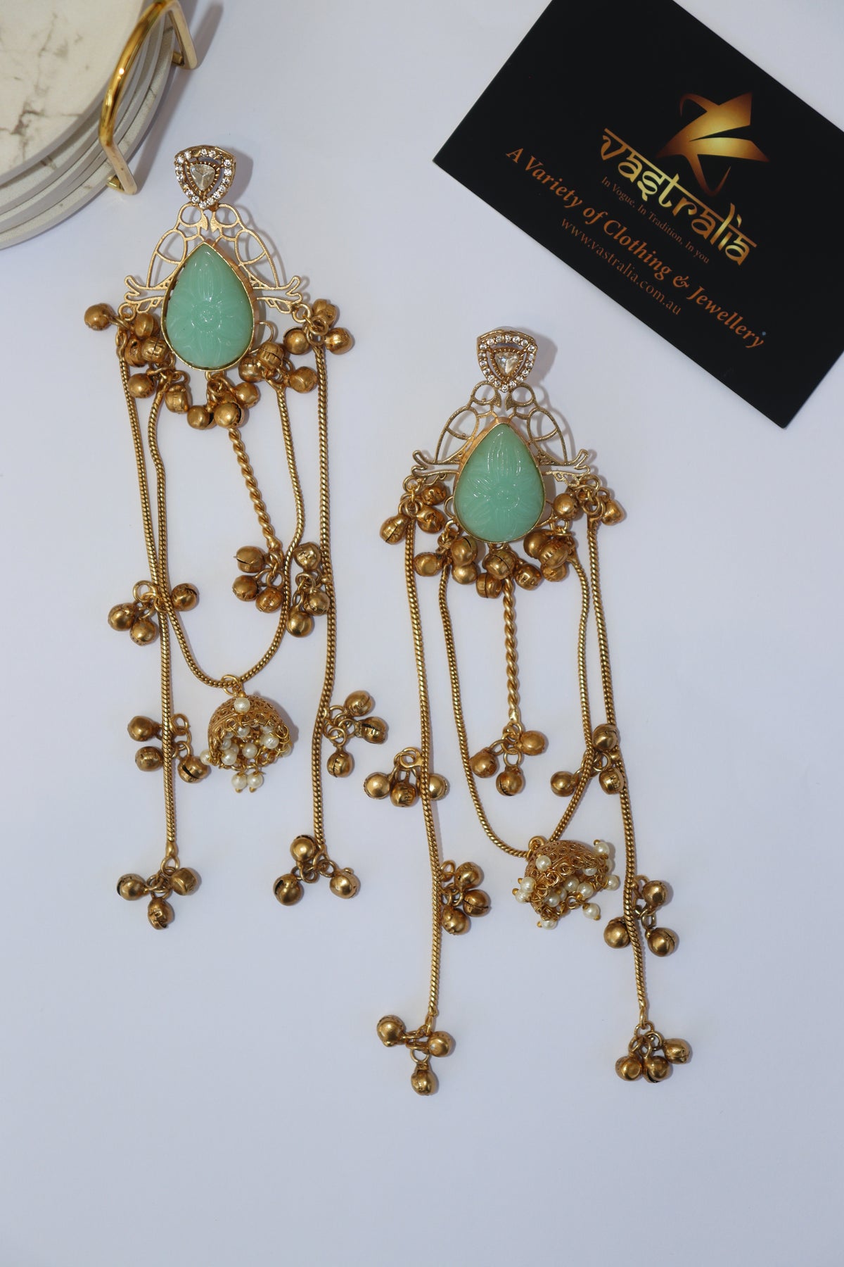 Mayura Teardrop Carved Stone Jhumka Chain Earrings