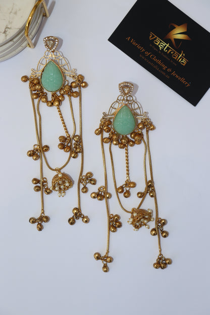 Mayura Teardrop Carved Stone Jhumka Chain Earrings