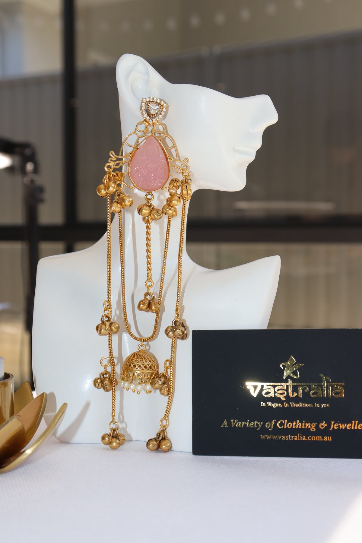 Mayura Teardrop Carved Stone Jhumka Chain Earrings