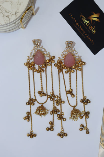 Mayura Teardrop Carved Stone Jhumka Chain Earrings