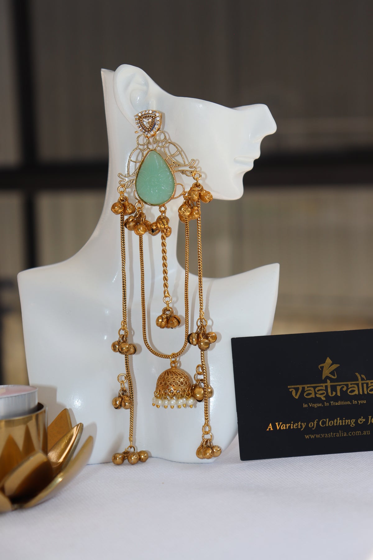 Mayura Teardrop Carved Stone Jhumka Chain Earrings