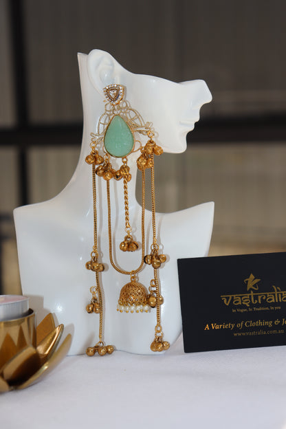 Mayura Teardrop Carved Stone Jhumka Chain Earrings