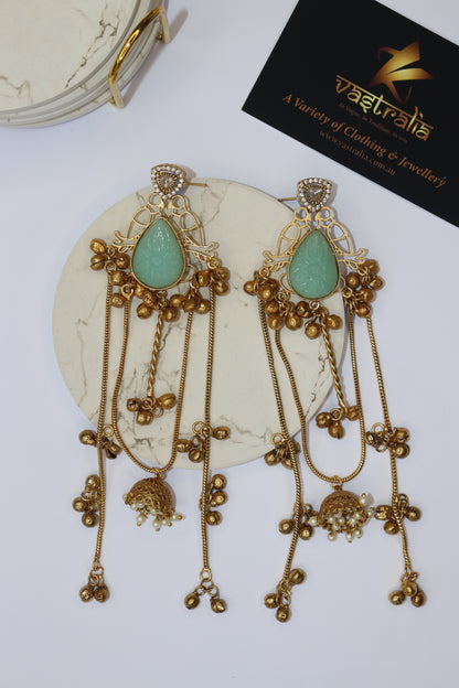 Mayura Teardrop Carved Stone Jhumka Chain Earrings