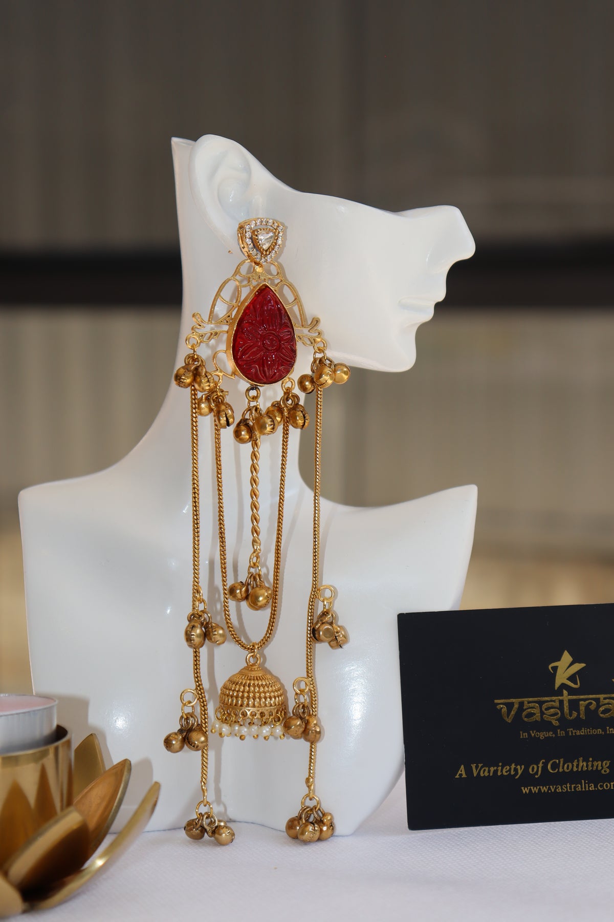 Mayura Teardrop Carved Stone Jhumka Chain Earrings