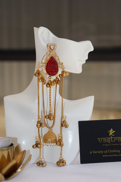 Mayura Teardrop Carved Stone Jhumka Chain Earrings