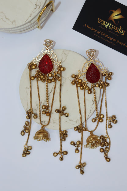 Mayura Teardrop Carved Stone Jhumka Chain Earrings