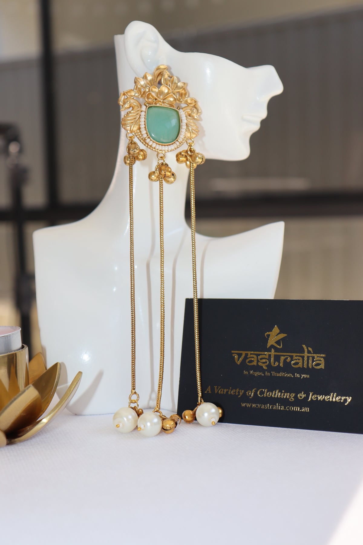 Mayura Peacock Floral Cabochon Pearl Ghungroo Dangler Earrings