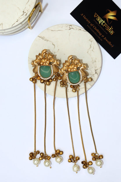 Mayura Peacock Floral Cabochon Pearl Ghungroo Dangler Earrings