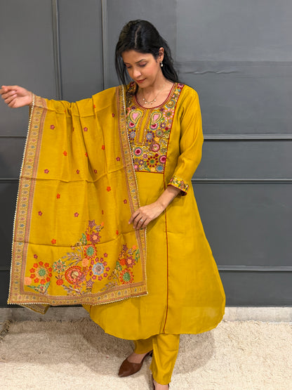 Mustard Radiance – Floral Embroidered Mul Cotton Kurta Set with Dupatta