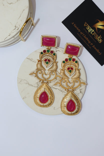 Mayura Peacock Pearl Border Teardrop Statement Earrings