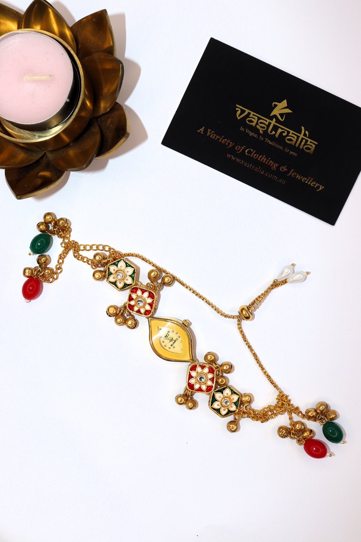 Kundan Meenakari Ghungroo Adjustable Chain Bracelet Watch