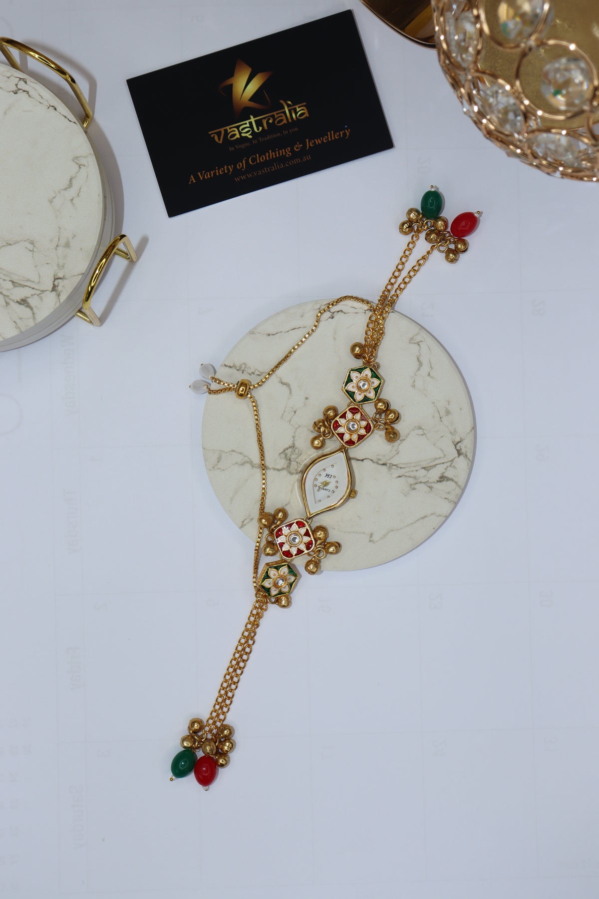 Kundan Meenakari Ghungroo Adjustable Chain Bracelet Watch