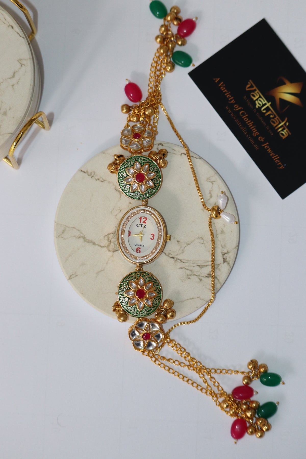 Kundan Meenakari Ghungroo Adjustable Chain Bracelet Watch