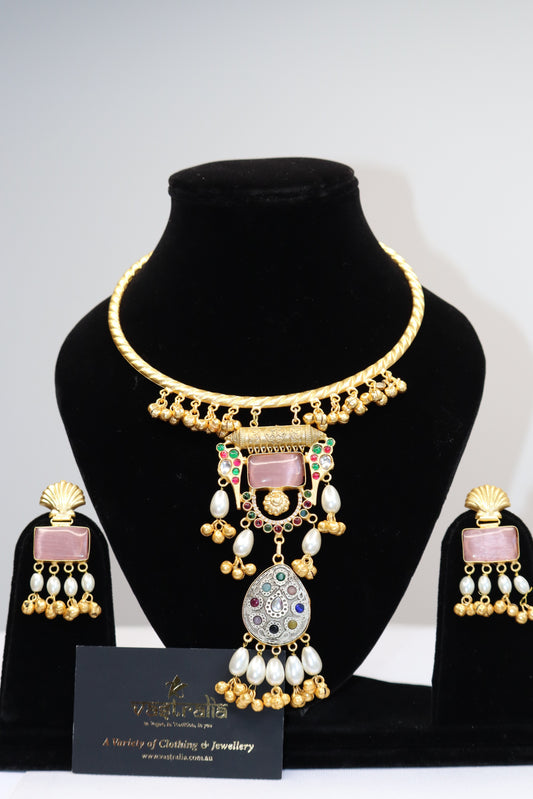 Pink Cabochon Ghungroo Hasli Necklace Set