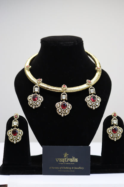 Ruby Red Gemstone Floral Pendant Gold Hasli Choker Set