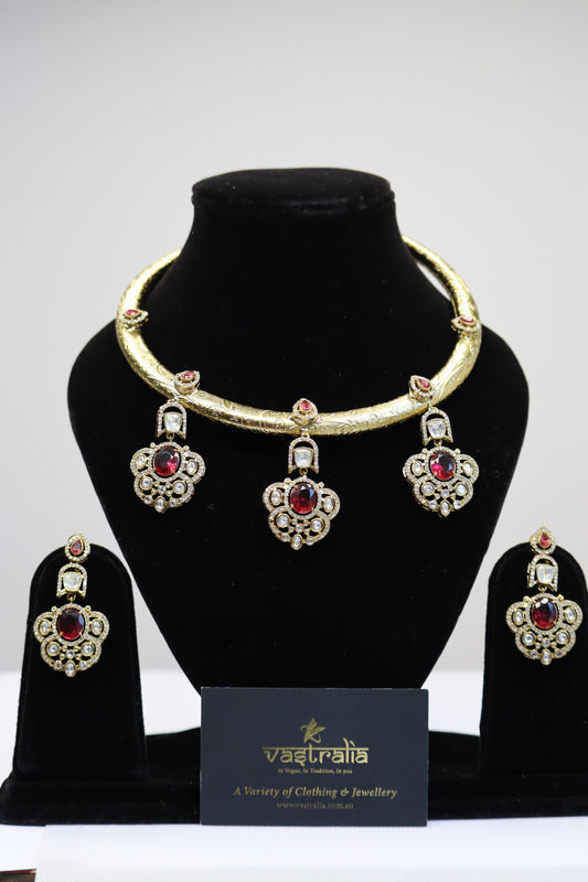 Ruby Red Gemstone Floral Pendant Gold Hasli Choker Set