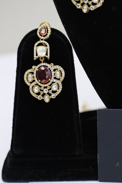Ruby Red Gemstone Floral Pendant Gold Hasli Choker Set