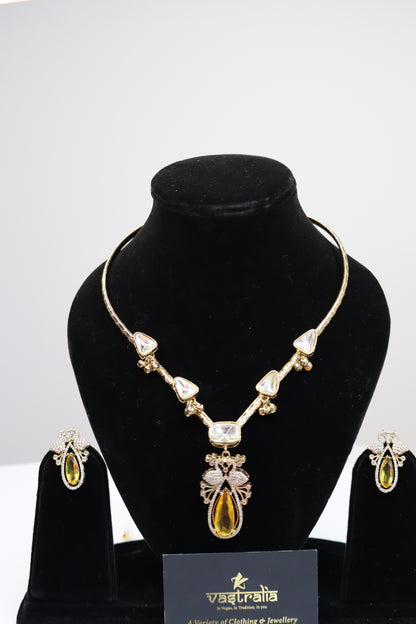 Kundan & Citrine Yellow Stone Peacock Hasli Necklace Set