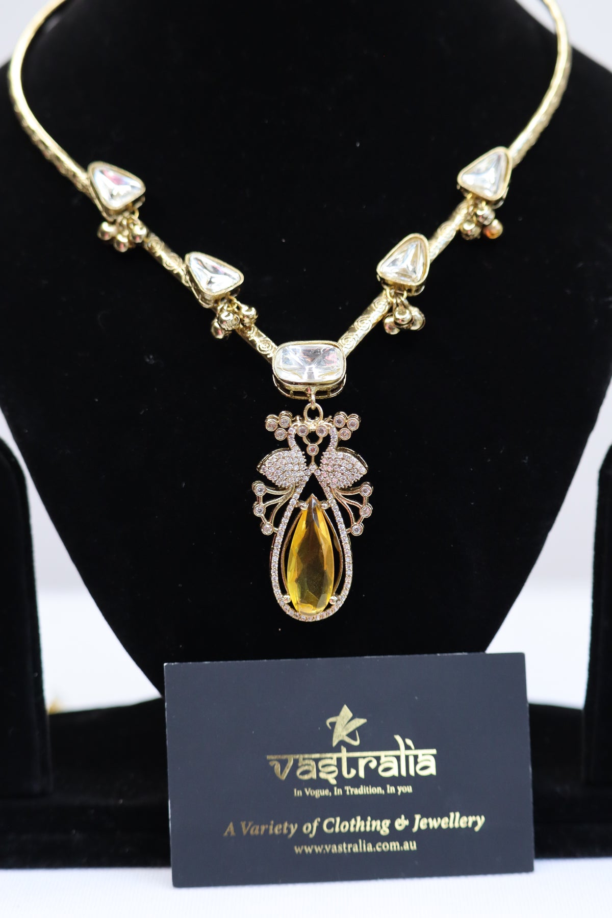 Kundan & Citrine Yellow Stone Peacock Hasli Necklace Set