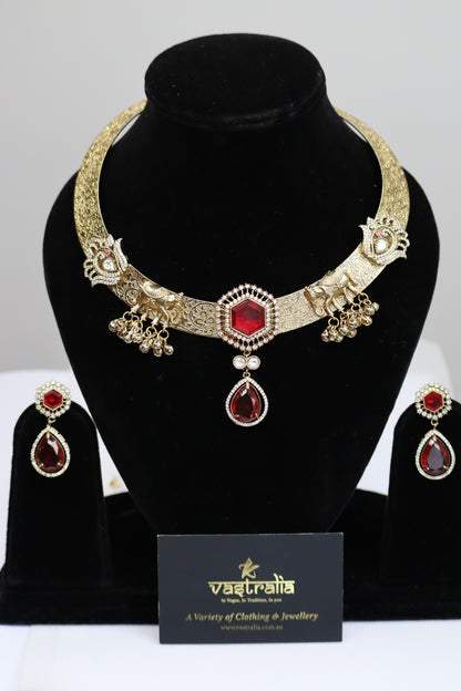 Emerald Green & Ruby Red Crystal Elephant Motif Hasli Choker Set