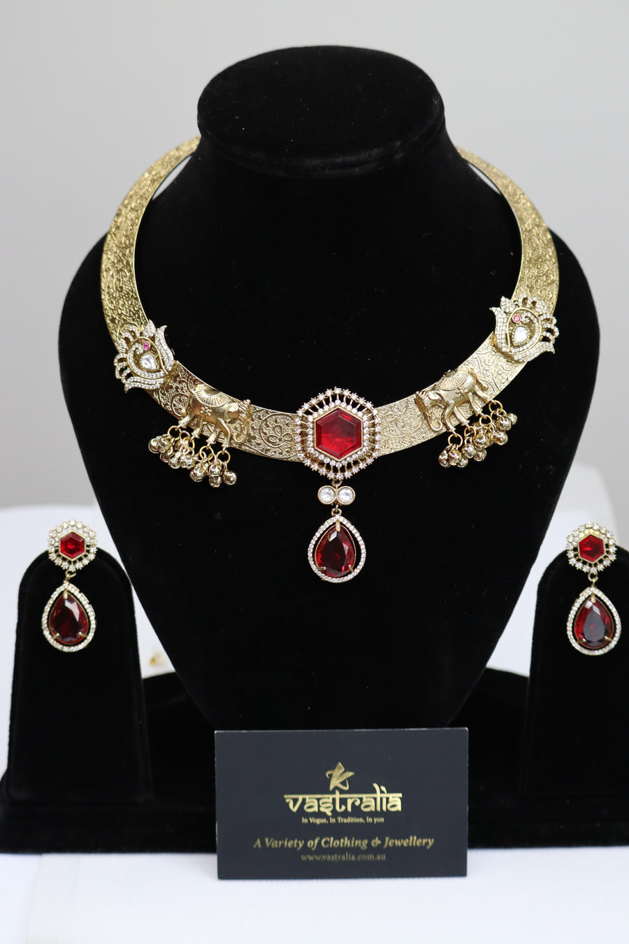 Emerald Green & Ruby Red Crystal Elephant Motif Hasli Choker Set