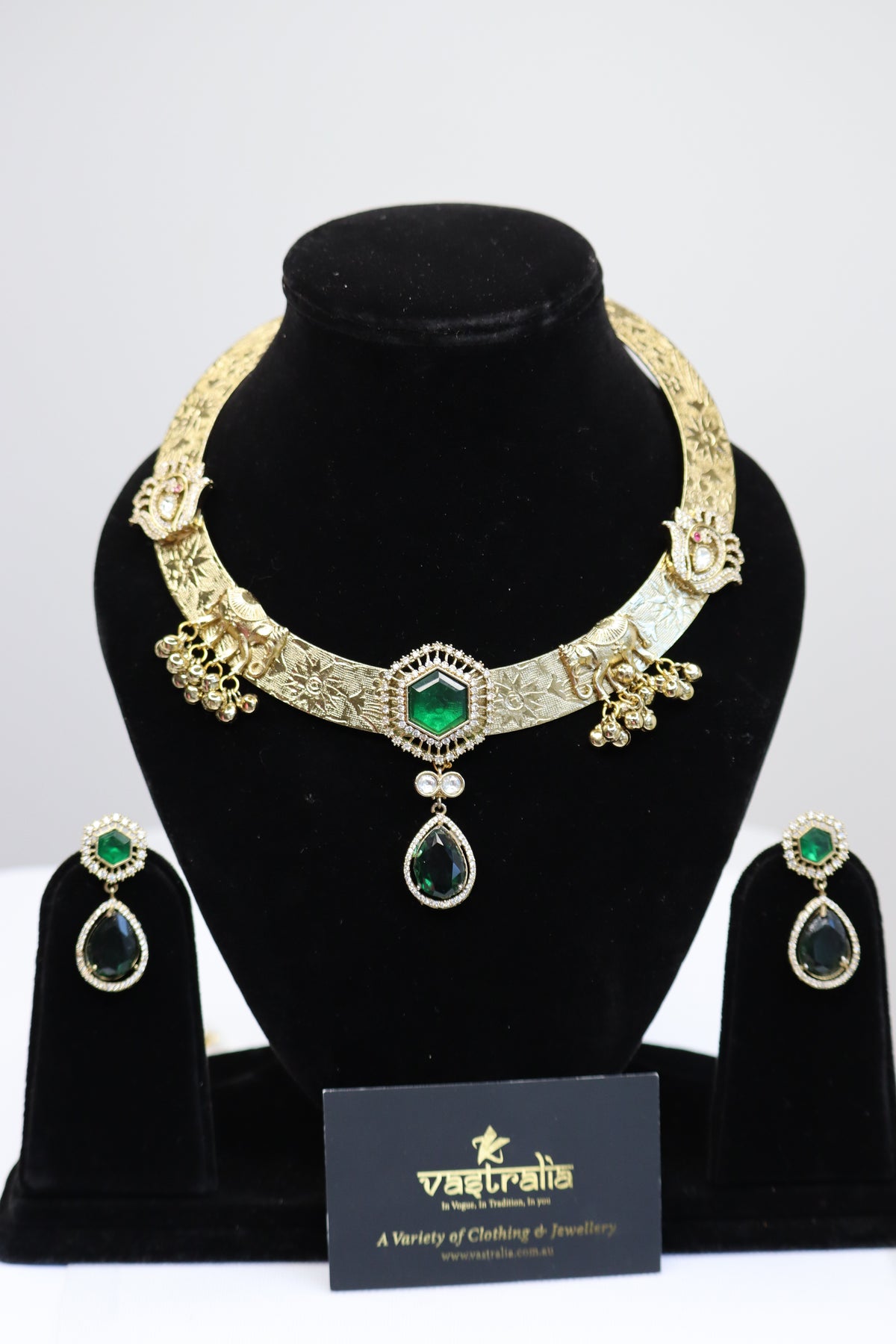 Emerald Green & Ruby Red Crystal Elephant Motif Hasli Choker Set