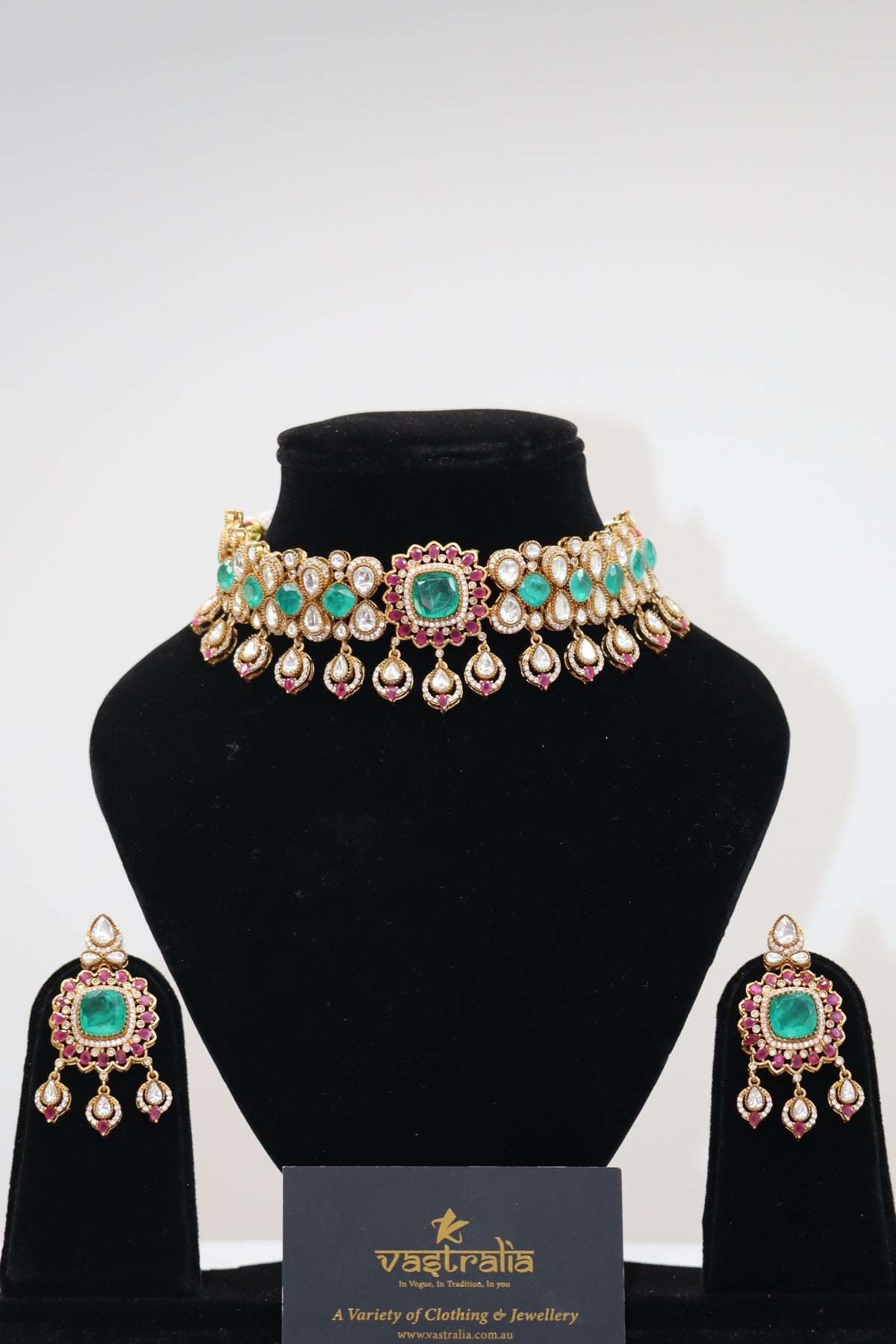 Emerald & Ruby Gemstone Kundan Gold Choker Necklace Set