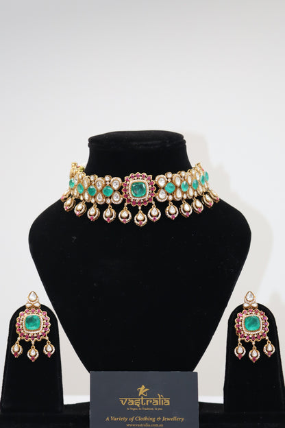 Emerald & Ruby Gemstone Kundan Gold Choker Necklace Set