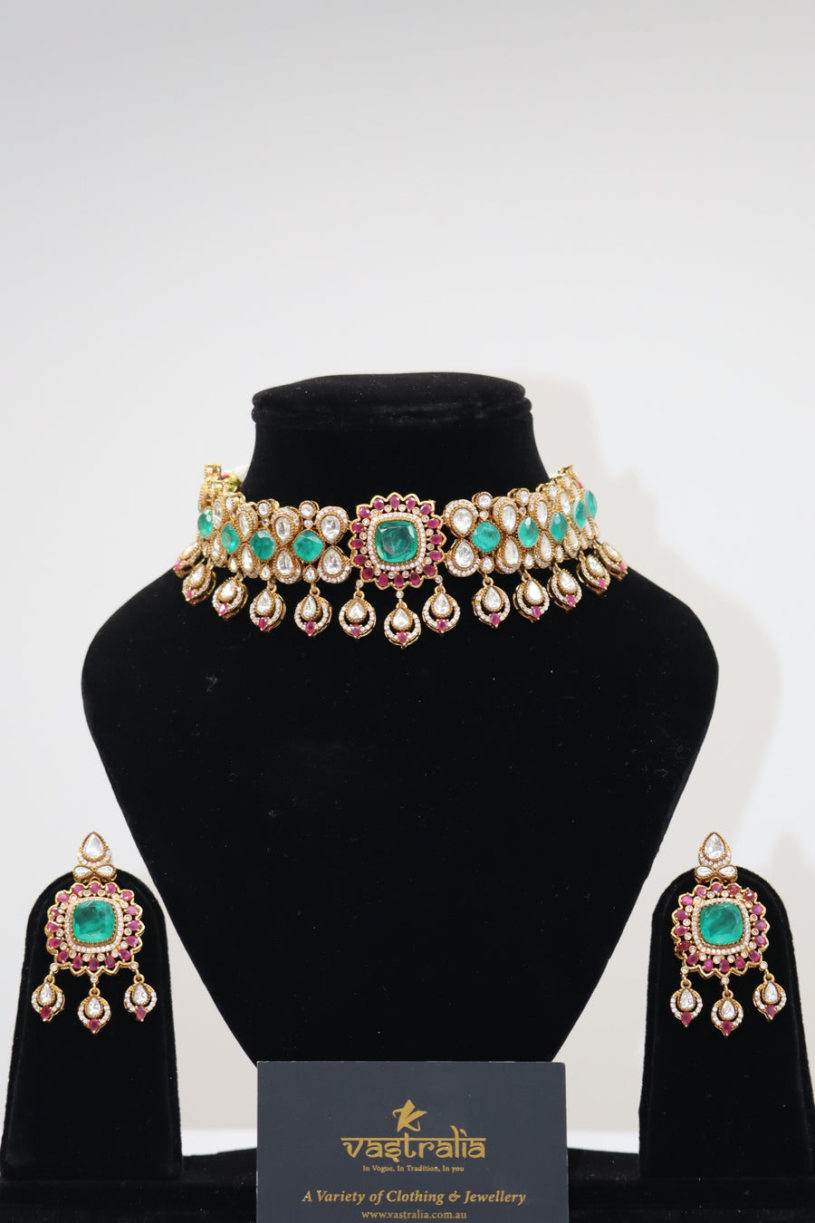Emerald & Ruby Gemstone Kundan Gold Choker Necklace Set