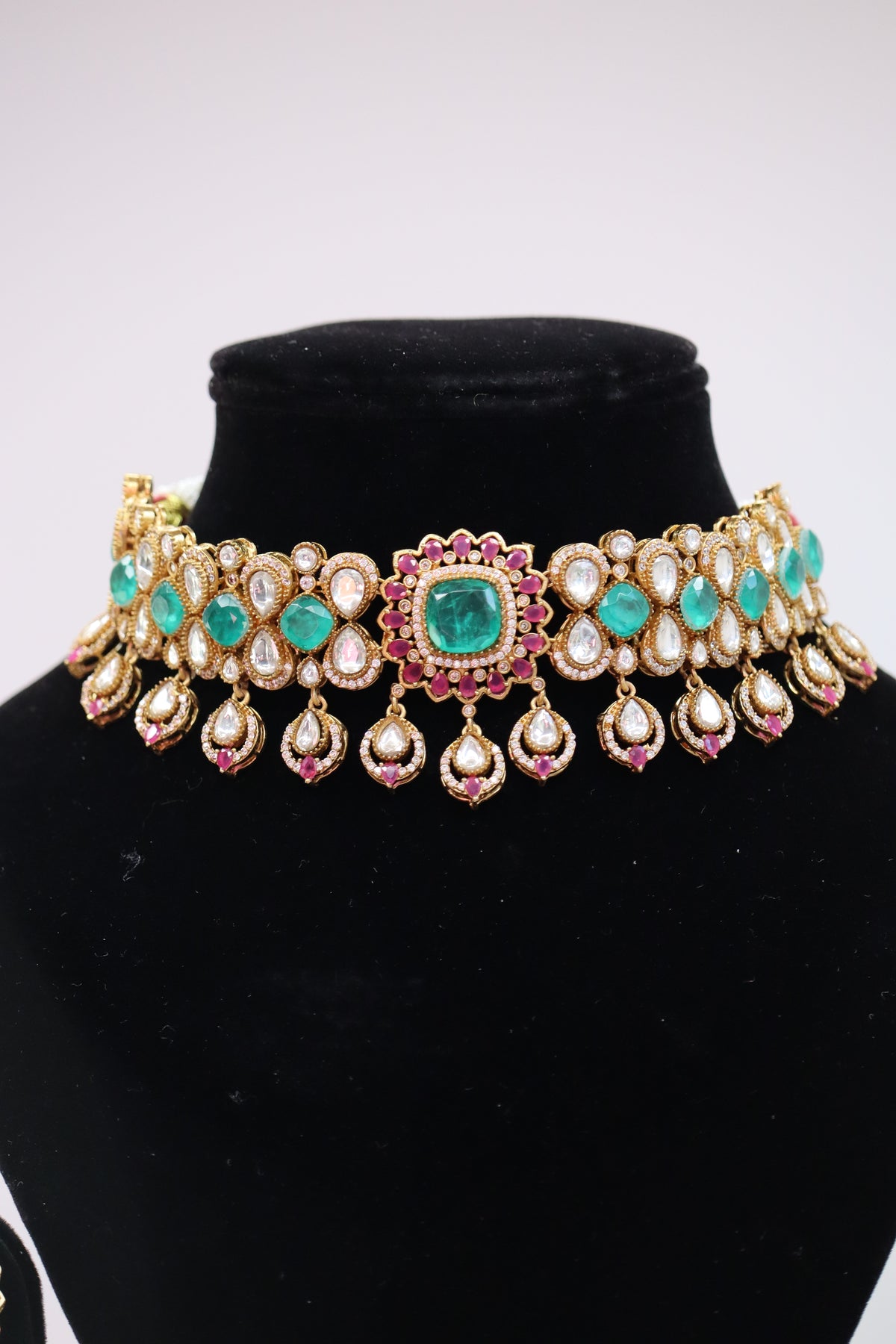 Emerald & Ruby Gemstone Kundan Gold Choker Necklace Set