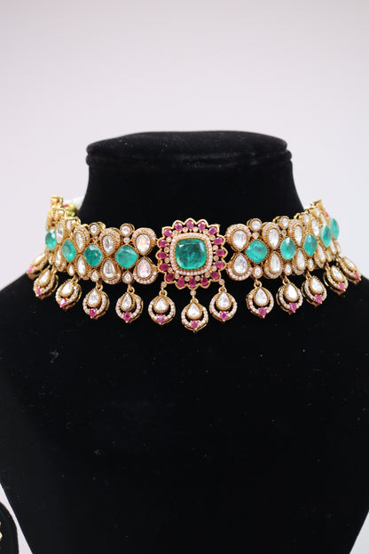 Emerald & Ruby Gemstone Kundan Gold Choker Necklace Set