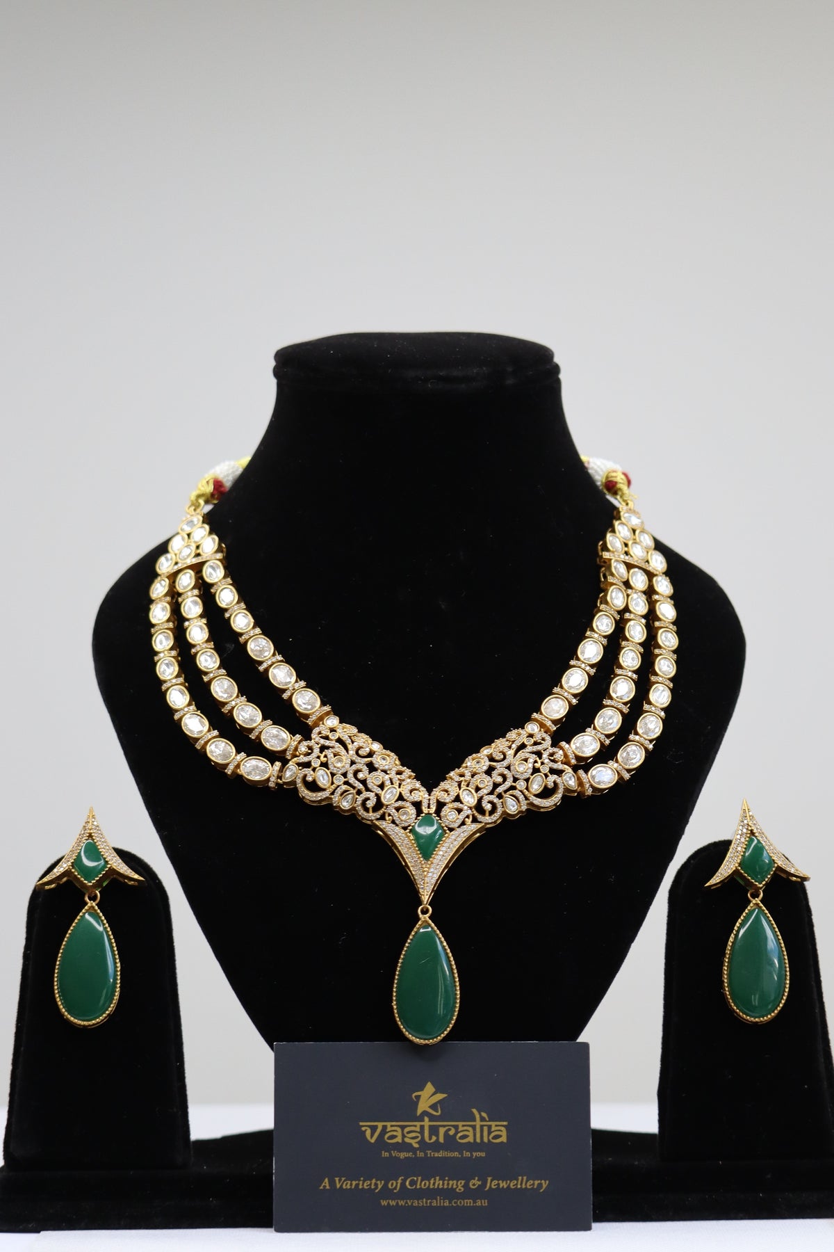 Emerald Green & Kundan Multi-Strand Statement Necklace Set