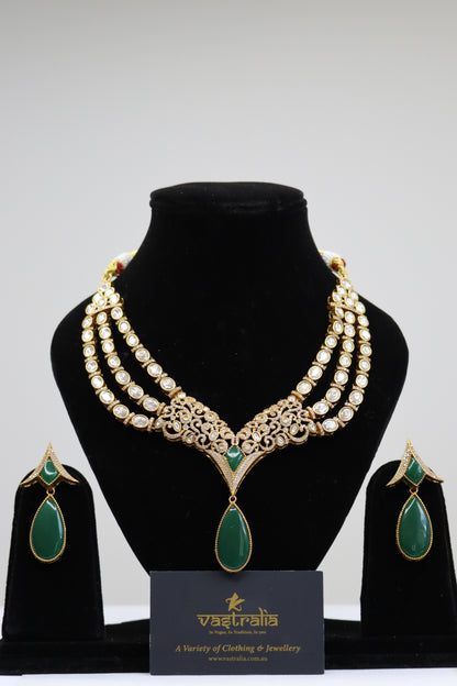 Emerald Green & Kundan Multi-Strand Statement Necklace Set