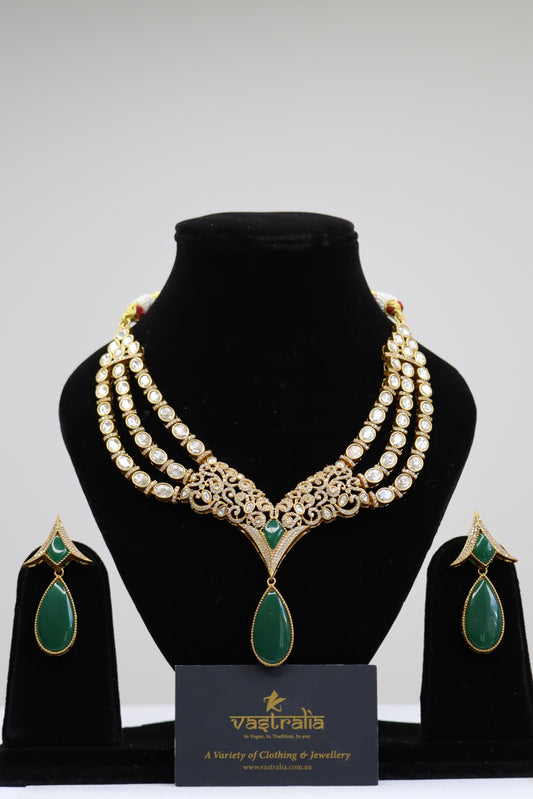 Emerald Green & Kundan Multi-Strand Statement Necklace Set