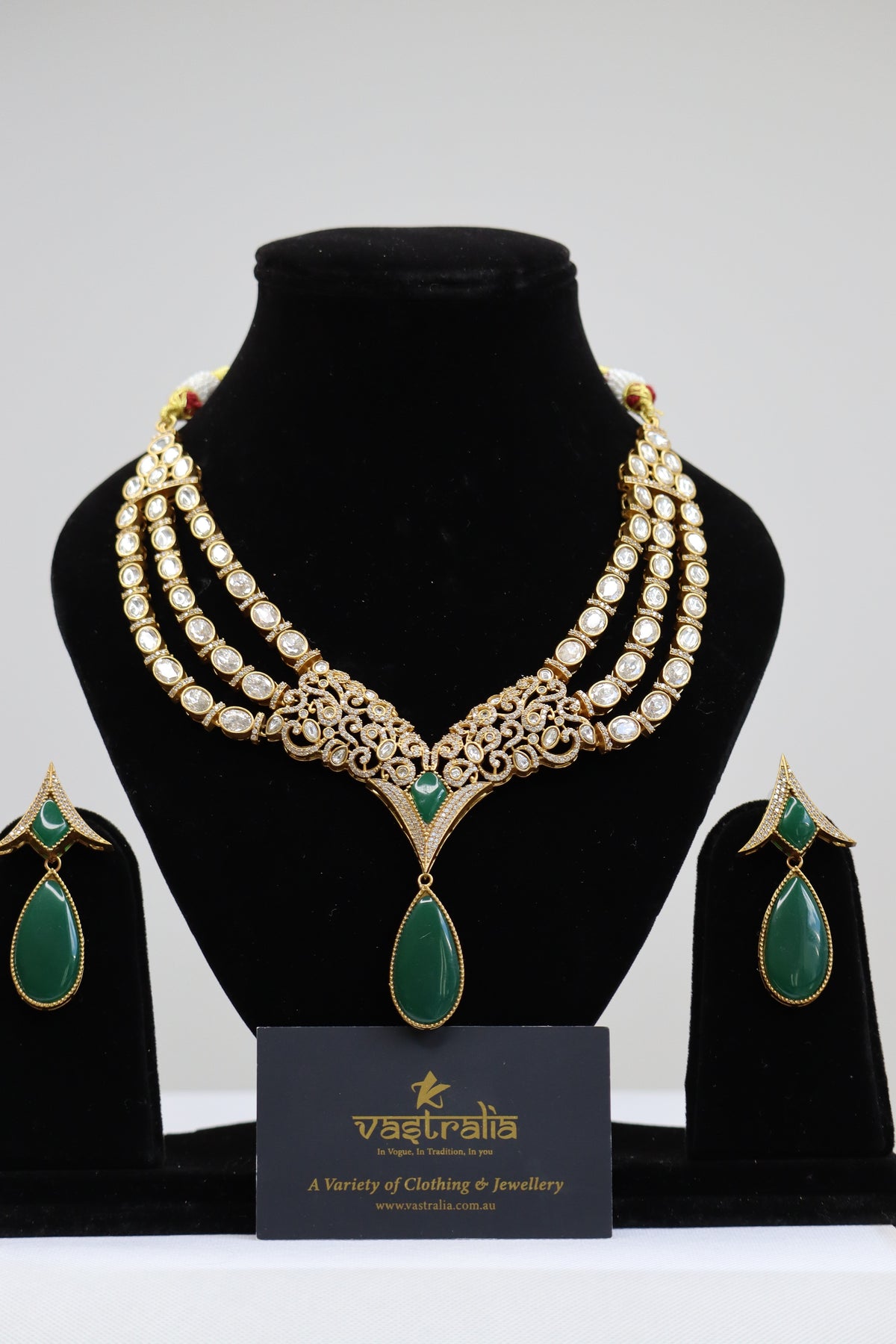 Emerald Green & Kundan Multi-Strand Statement Necklace Set