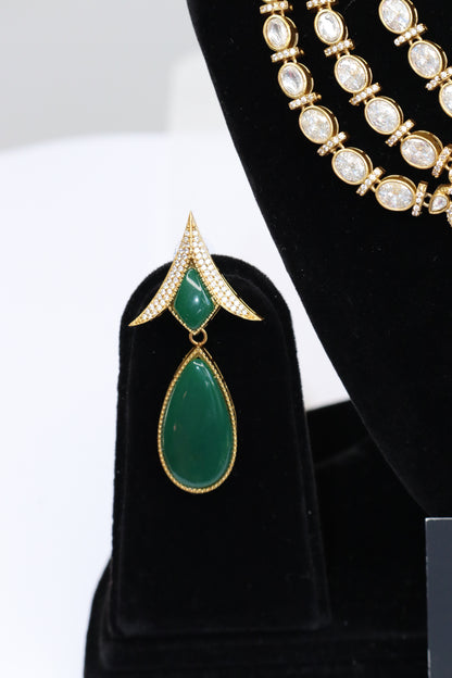 Emerald Green & Kundan Multi-Strand Statement Necklace Set