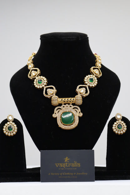 Emerald Green Gemstone & Kundan Pendant Necklace Set