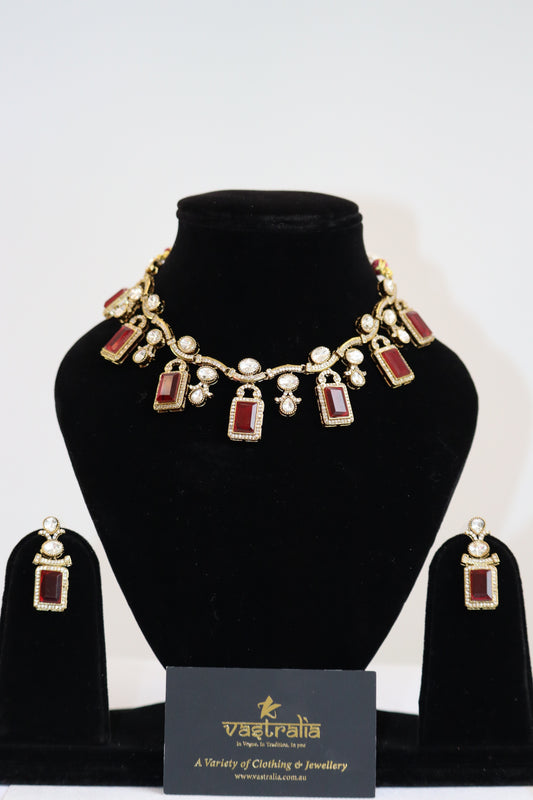 Ruby Red Emerald-Cut Gemstone & Kundan Choker Necklace Set