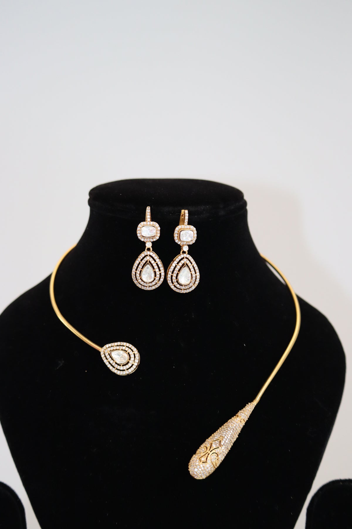 Modern Asymmetric CZ & Crystal Gold Collar Necklace Set