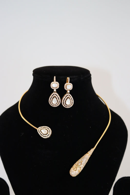 Modern Asymmetric CZ & Crystal Gold Collar Necklace Set