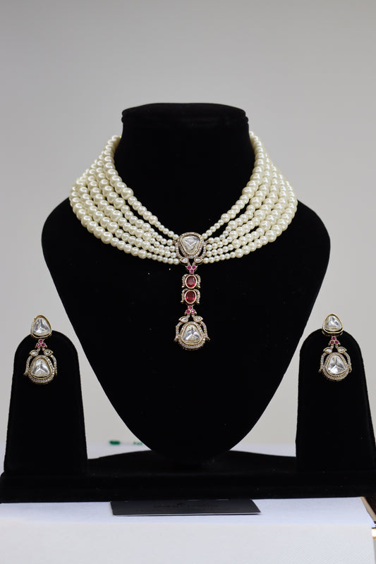 Multi-Strand Pearl & Kundan Pendant Necklace Set with Ruby Accents