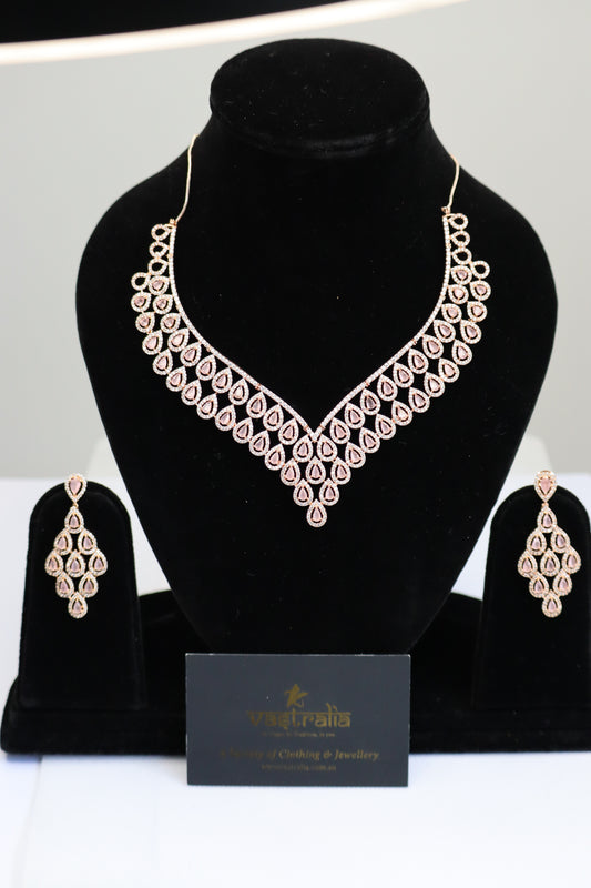 Blush Pink CZ Teardrop V-Shape Necklace Set
