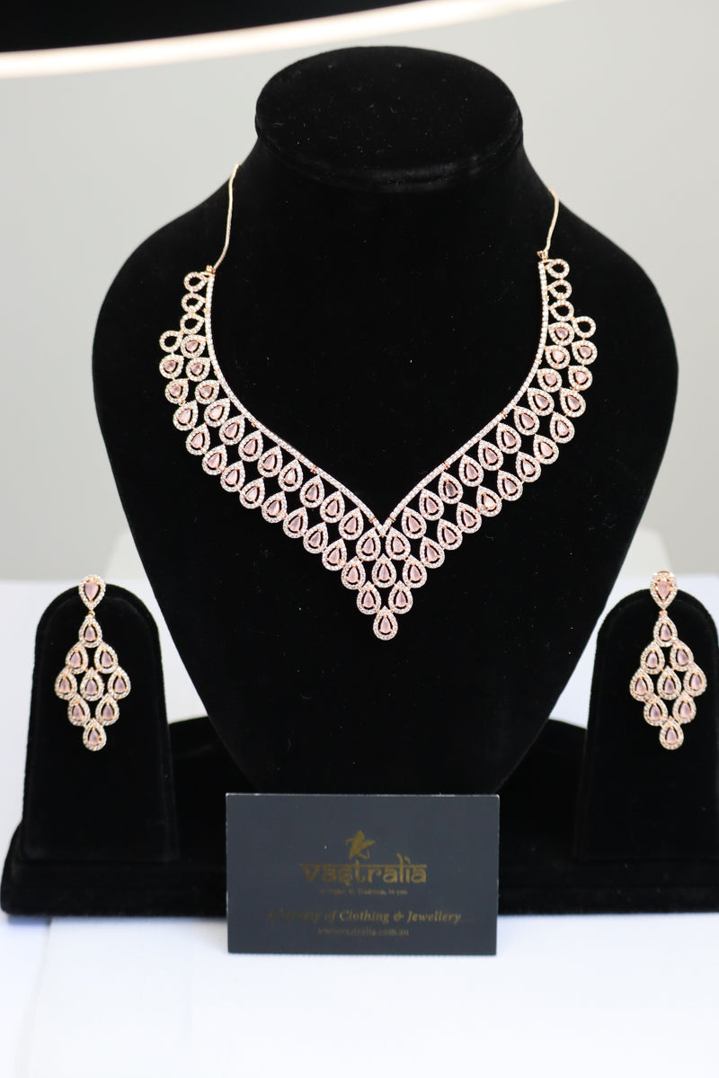 Blush Pink CZ Teardrop V-Shape Necklace Set