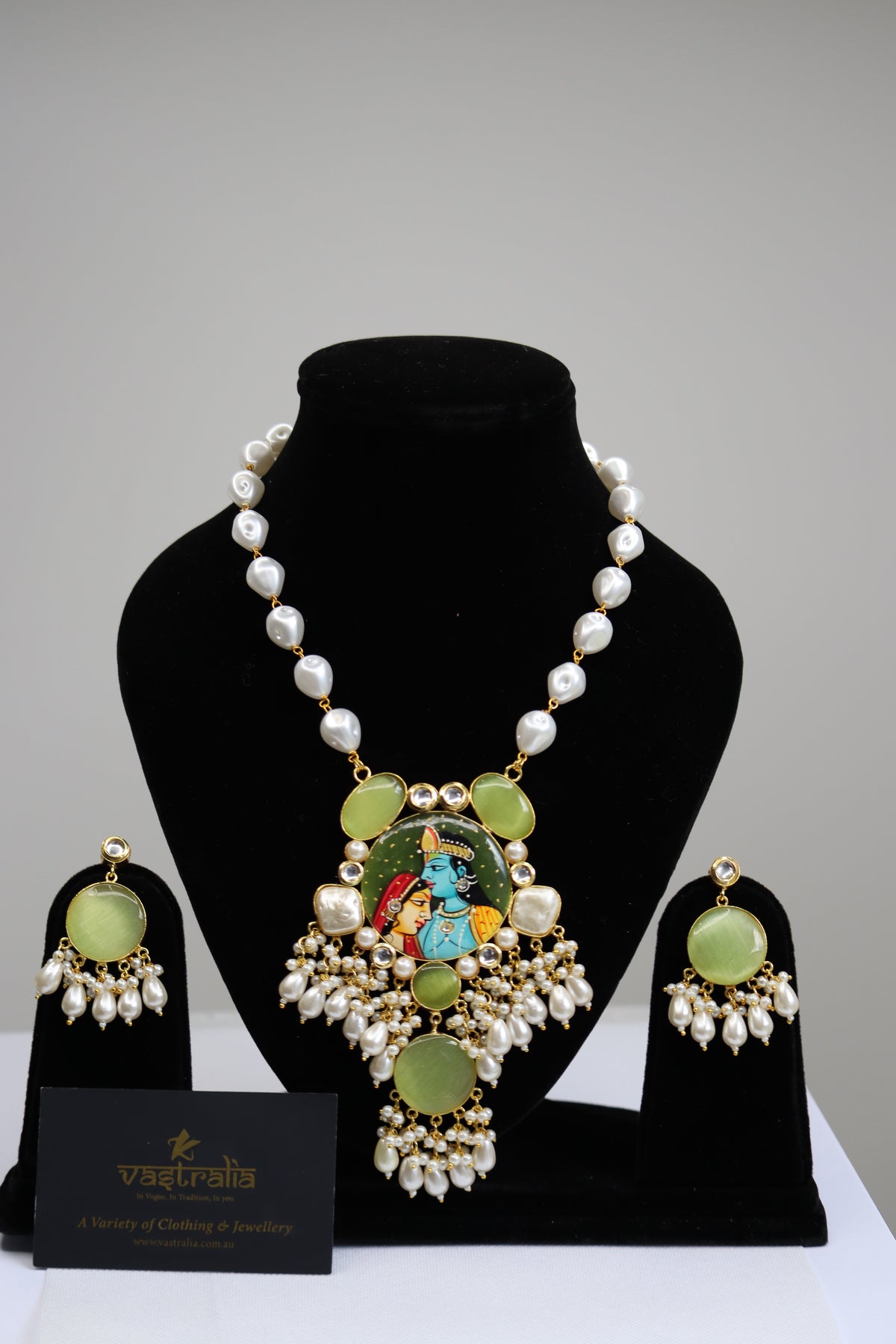 Radha Krishna Hand-Painted Pichwai Pendant & Pearl Necklace Set