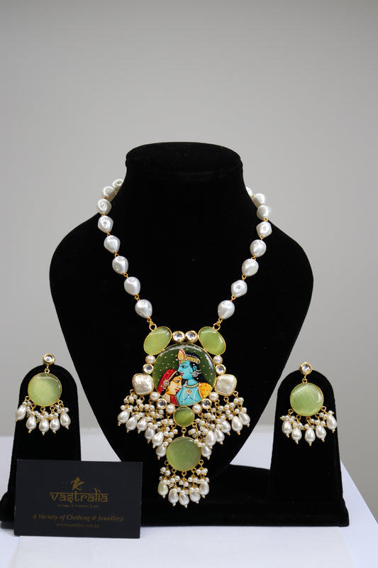 Radha Krishna Hand-Painted Pichwai Pendant & Pearl Necklace Set