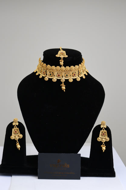 Matte Gold Temple-Style Choker Necklace Set with Maang Tikka