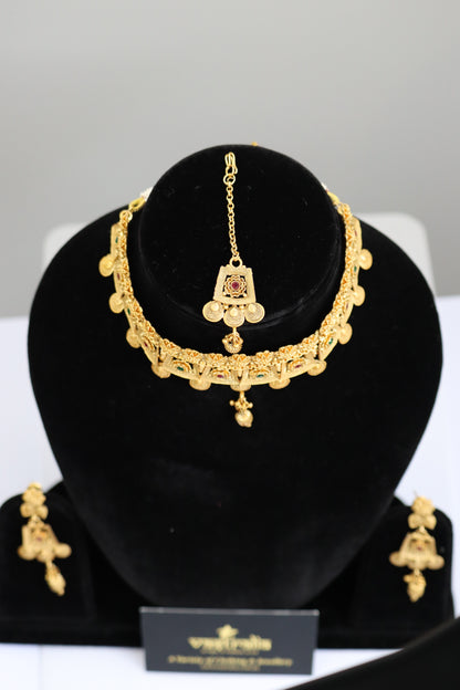 Matte Gold Temple-Style Choker Necklace Set with Maang Tikka